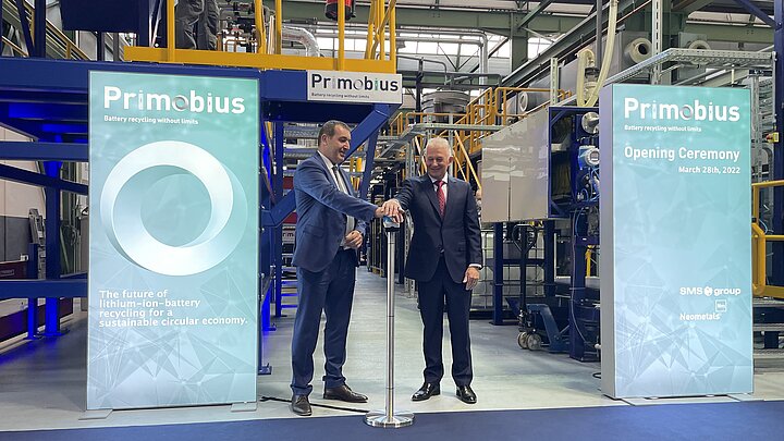 Primobius Managing Directors Horst Krenn and Michael Tamlin officially opened the 10tpd commercial LiB recycling plant in Hilchenbach SMSgroup Image